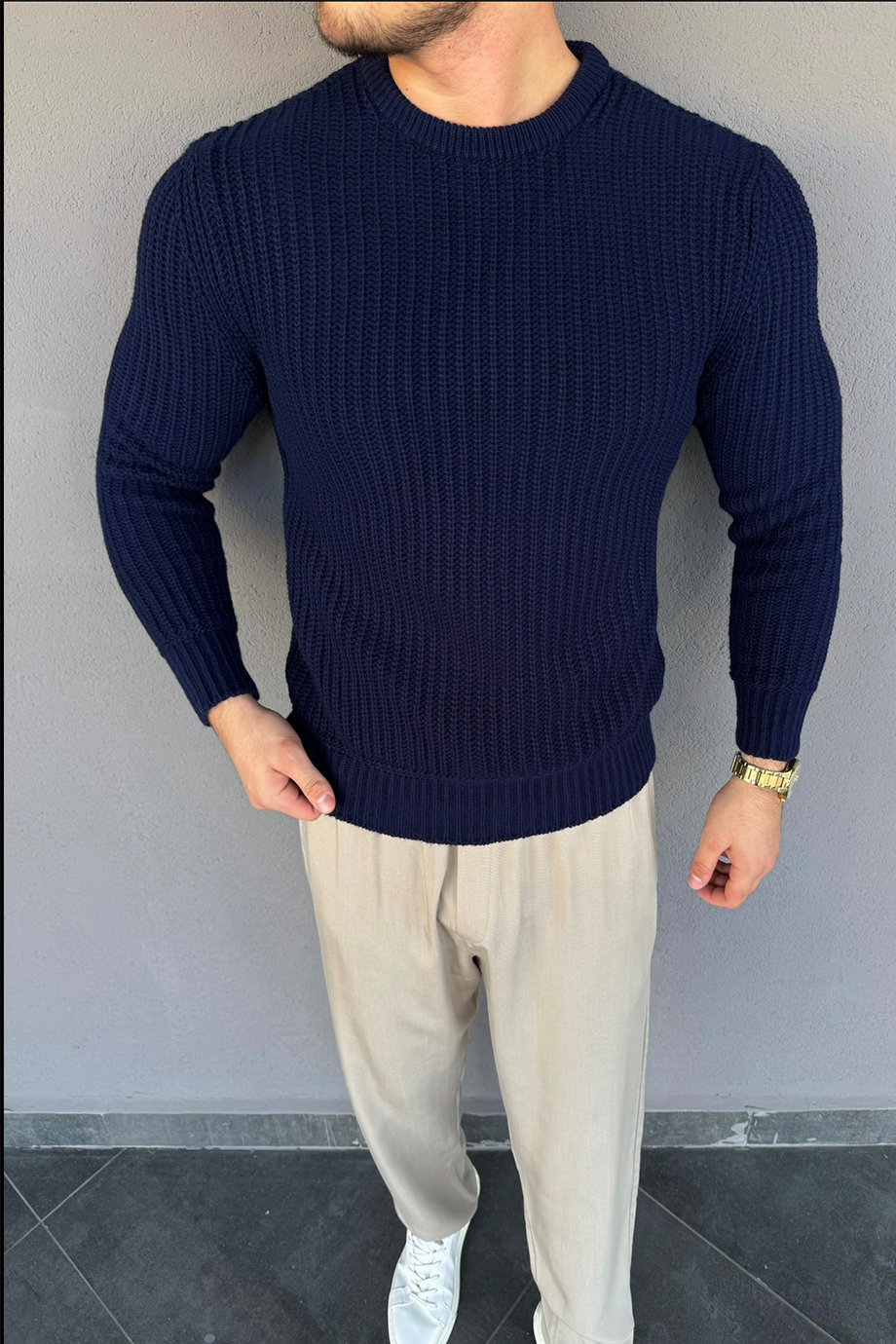 LACİVERT SELANİK ÖRME TAM KALIP KAZAK