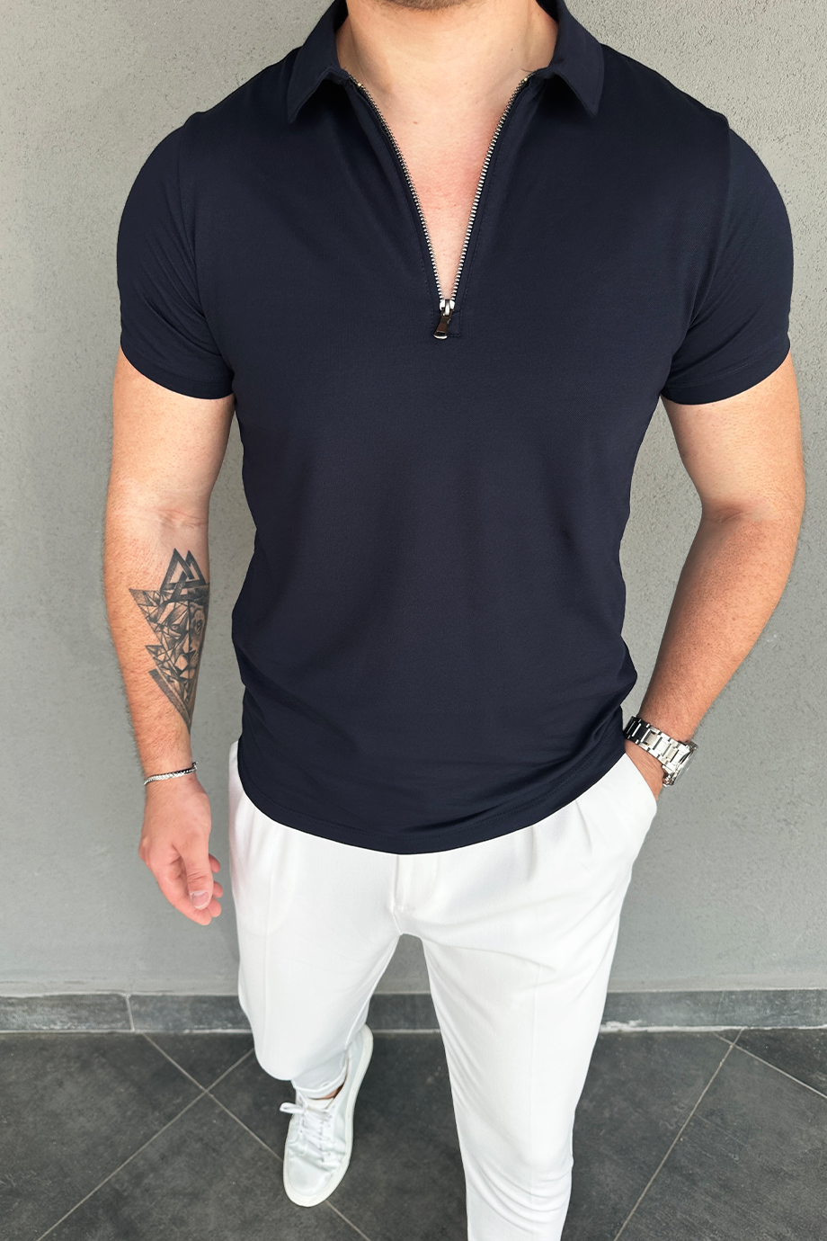 LACİVERT YARIM FERMUARLI POLO YAKA T-SHİRT