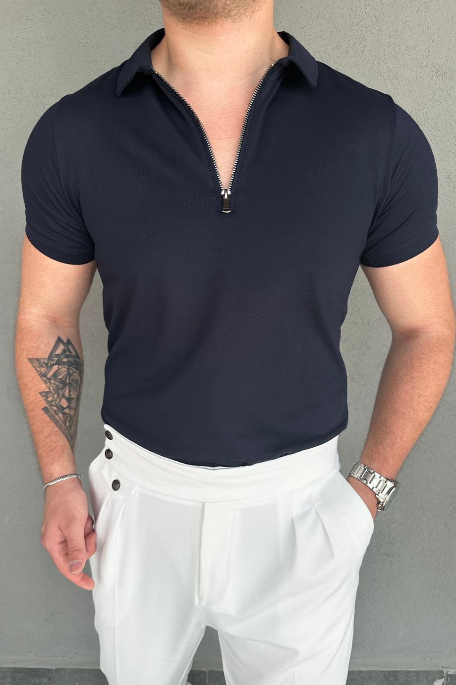 LACİVERT YARIM FERMUARLI POLO YAKA T-SHİRT