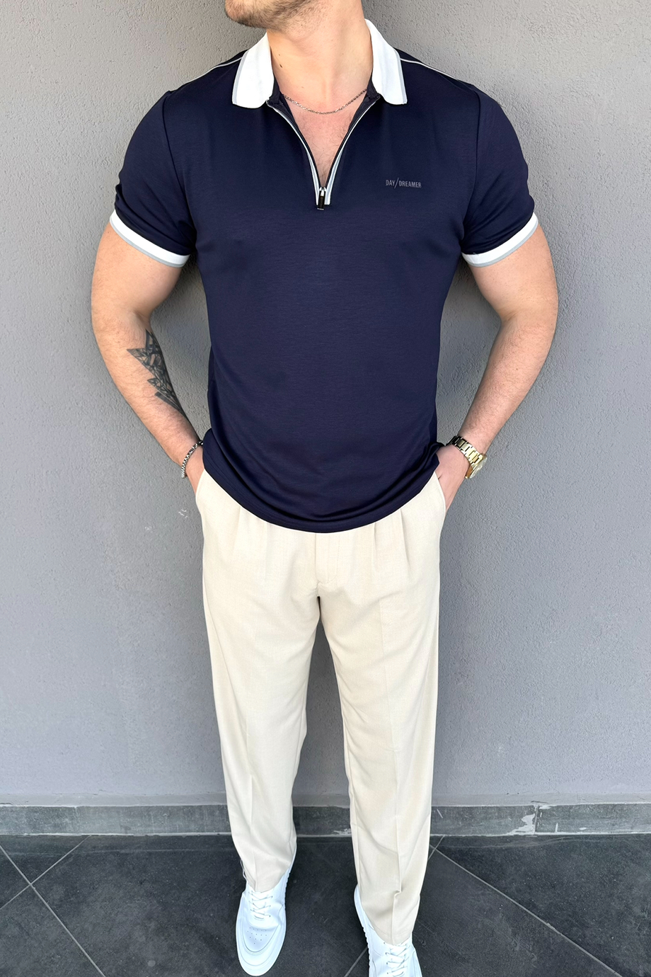 LACİVERT YARIM FERMUARLI POLO YAKA T-SHİRT