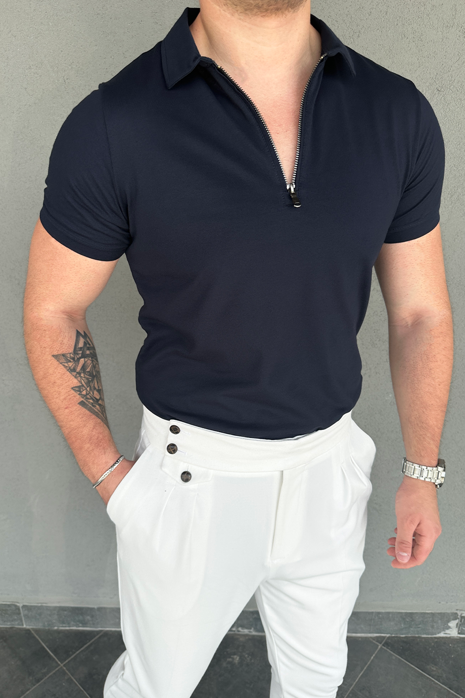 LACİVERT YARIM FERMUARLI POLO YAKA T-SHİRT