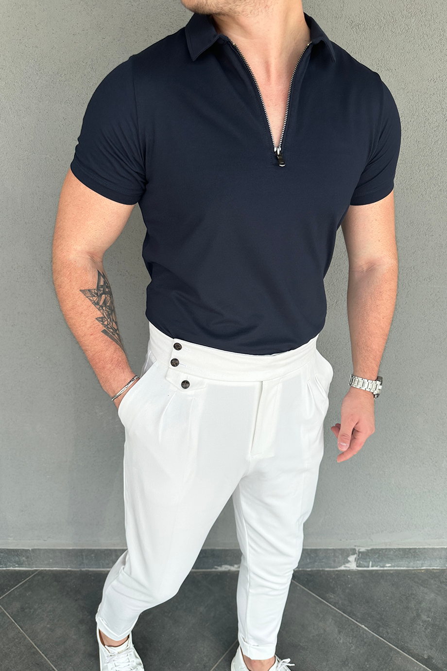 LACİVERT YARIM FERMUARLI POLO YAKA T-SHİRT