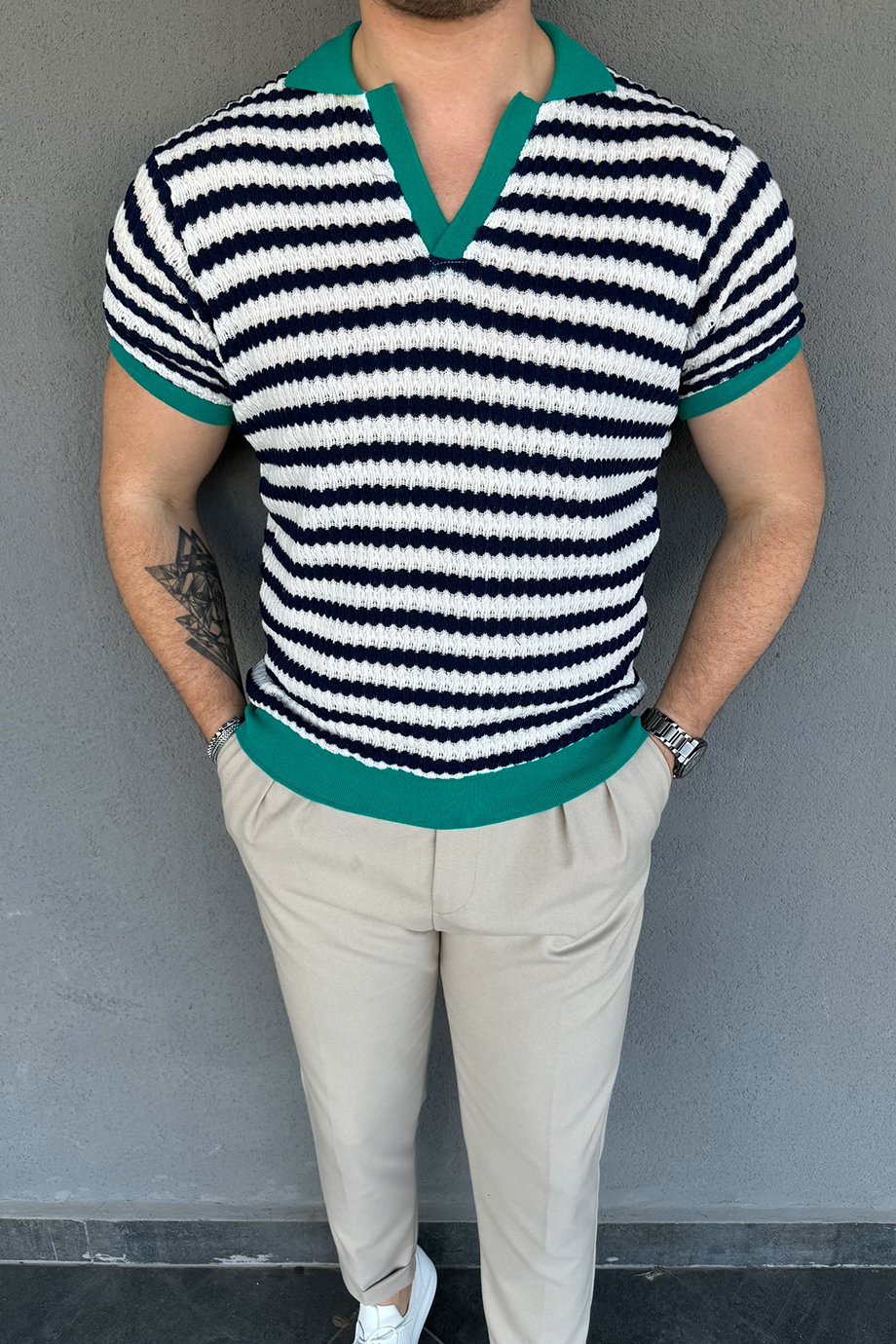 LACİVERT-YEŞİL ÖZEL TASARIM ÖRME T-SHİRT