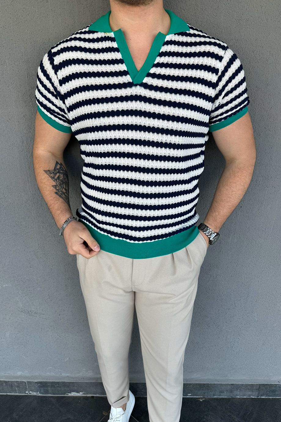 LACİVERT-YEŞİL ÖZEL TASARIM ÖRME T-SHİRT