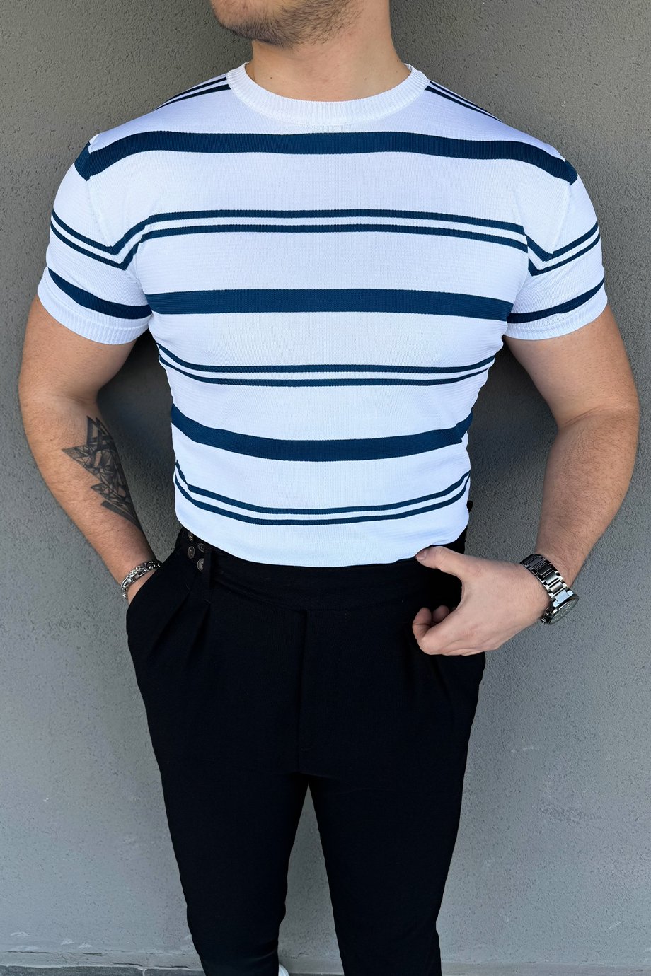 MAVİ-BEYAZ ÇİZGİLİ TRİKO T-SHİRT