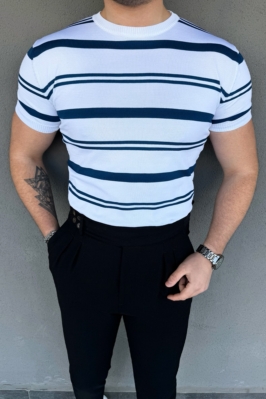 MAVİ-BEYAZ ÇİZGİLİ TRİKO T-SHİRT