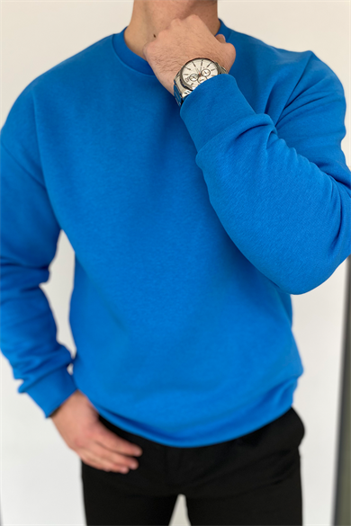 MAVİ OVERSIZE KALIP BİSİKLET YAKA BASİC SWEATSHİRT