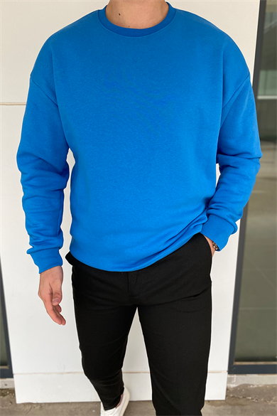 MAVİ OVERSIZE KALIP BİSİKLET YAKA BASİC SWEATSHİRT