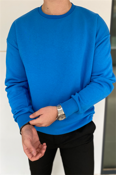 MAVİ OVERSIZE KALIP BİSİKLET YAKA BASİC SWEATSHİRT