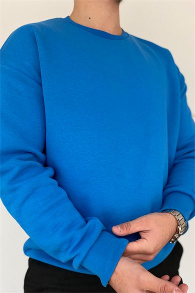 MAVİ OVERSIZE KALIP BİSİKLET YAKA BASİC SWEATSHİRT