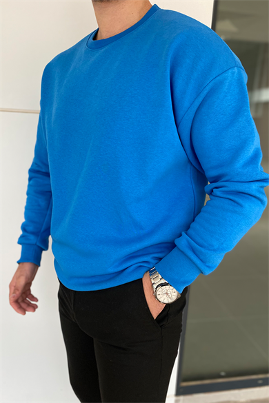 MAVİ OVERSIZE KALIP BİSİKLET YAKA BASİC SWEATSHİRT