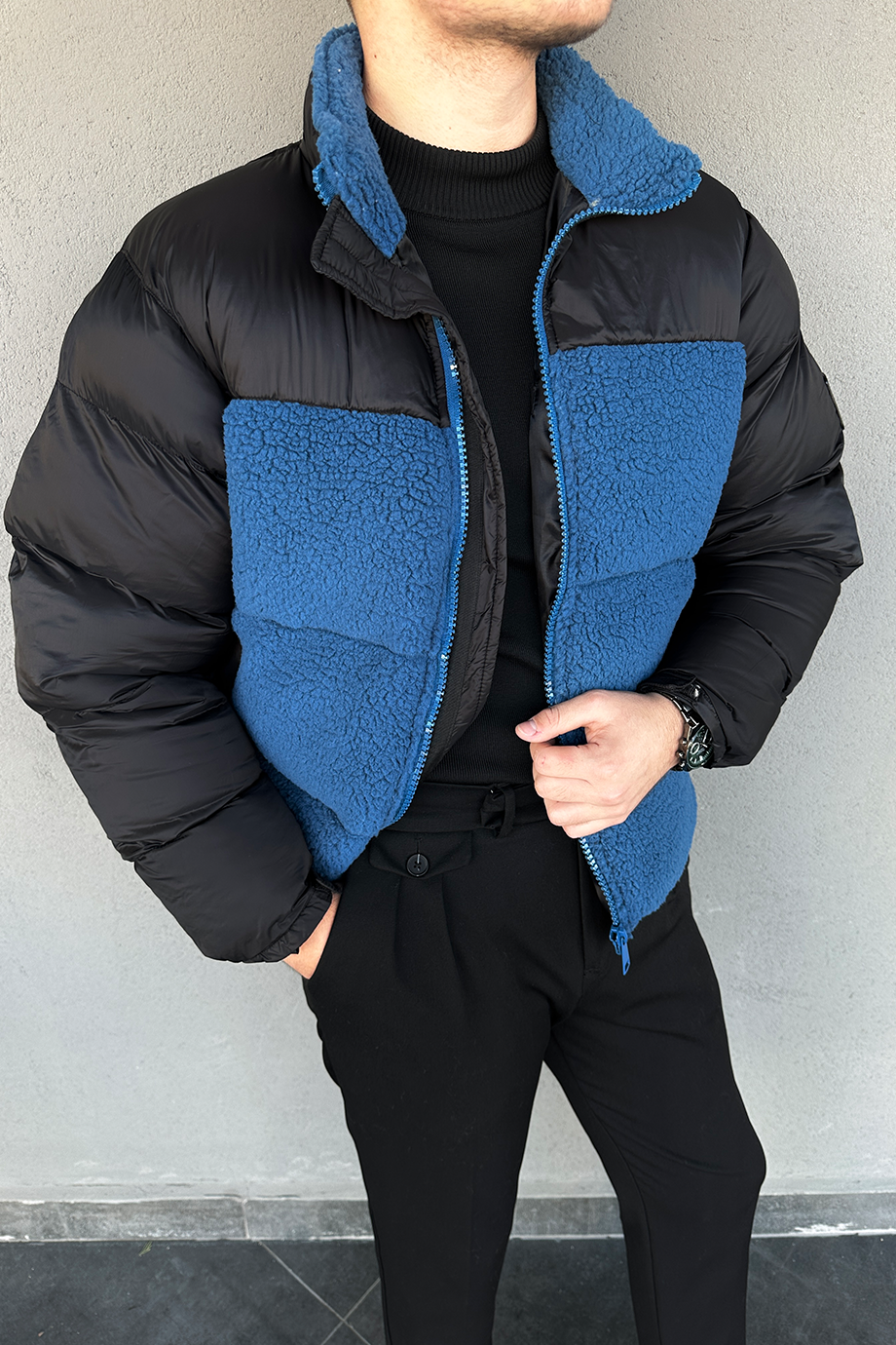 MAVİ-SİYAH OVERSIZE PELUŞ DETAYLI ŞİŞME MONT 