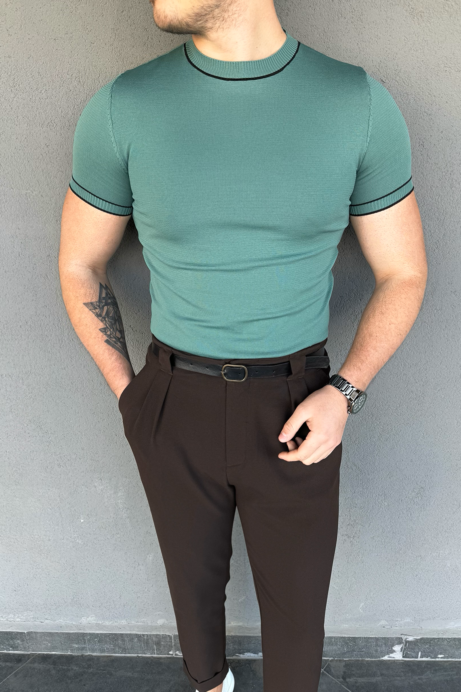 MİNT BİSİKLET YAKA ÇİZGİLİ TRİKO T-SHİRT