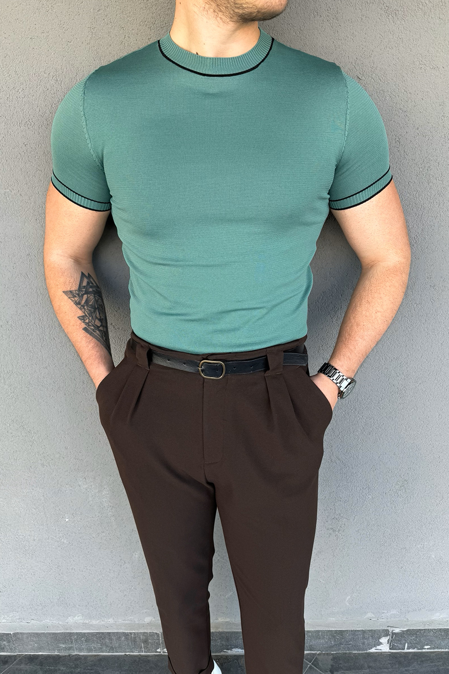 MİNT BİSİKLET YAKA ÇİZGİLİ TRİKO T-SHİRT