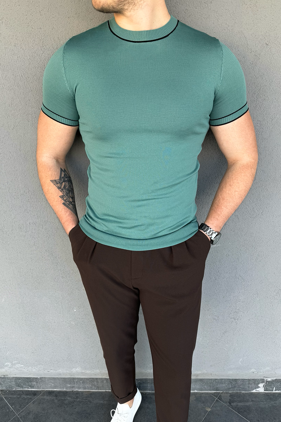 MİNT BİSİKLET YAKA ÇİZGİLİ TRİKO T-SHİRT