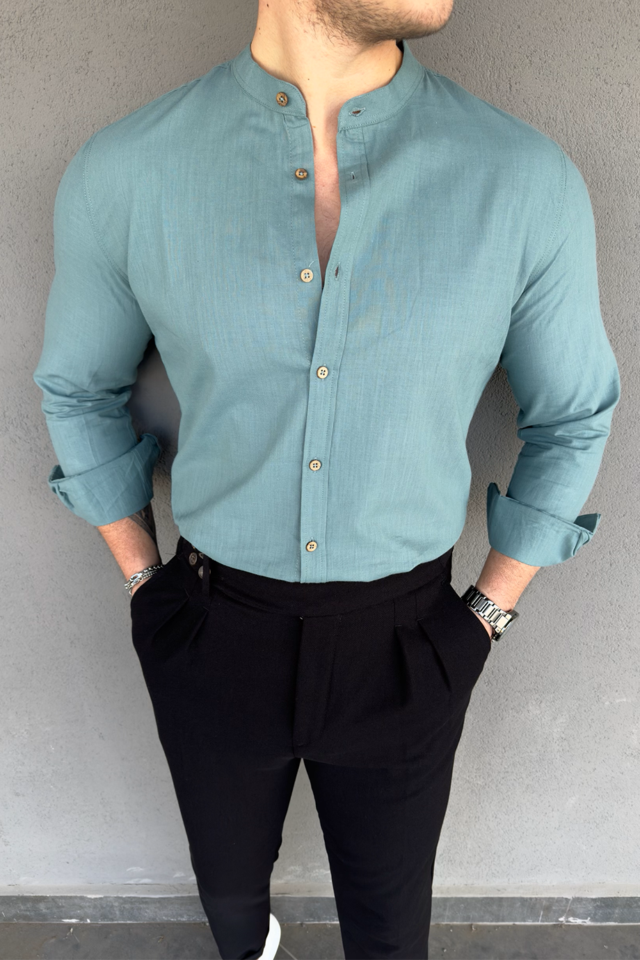 MİNT HAKİM YAKA KETEN KARIŞIMLI GÖMLEK