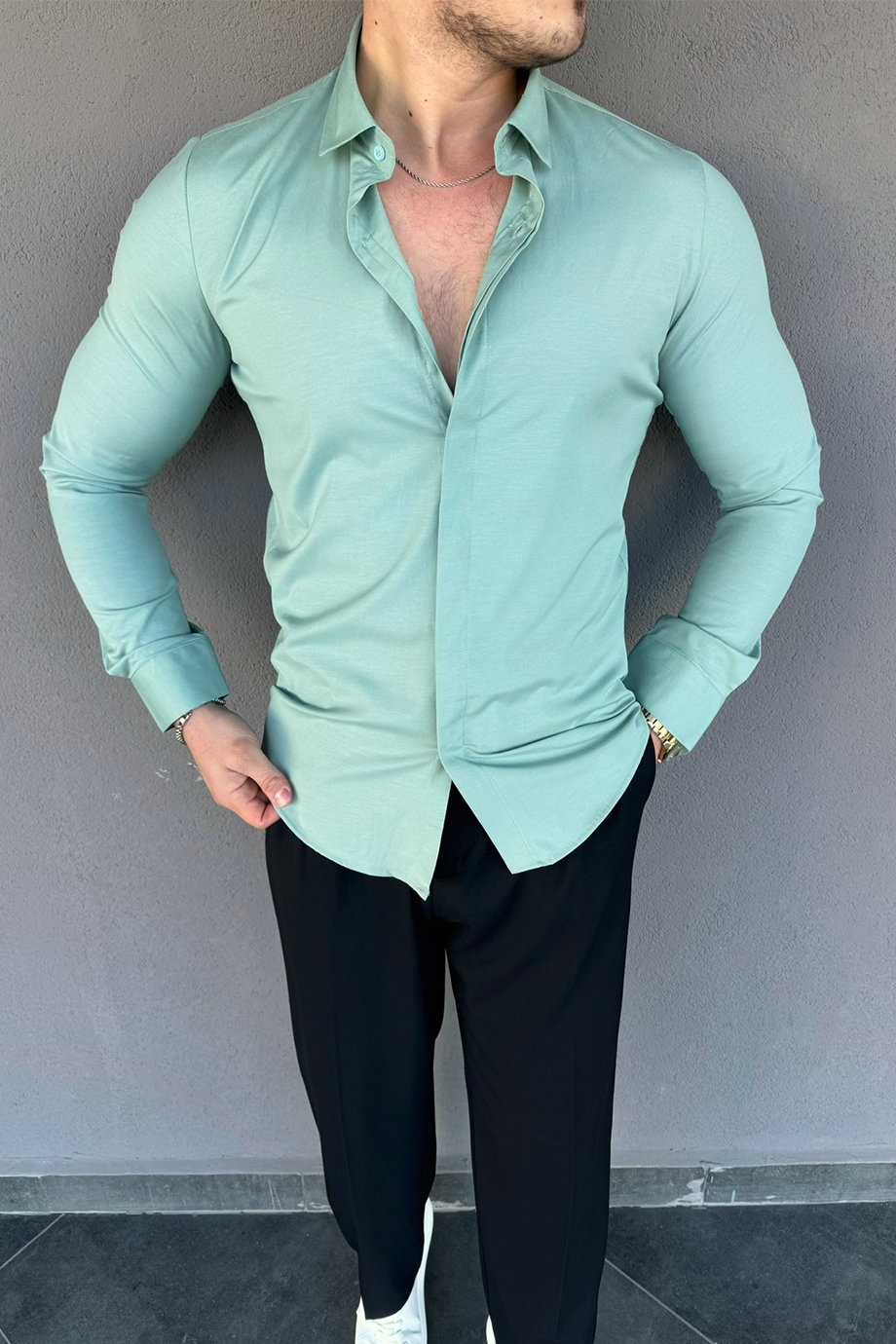 MİNT SLİM-FİT GİZLİ PAT GÖMLEK