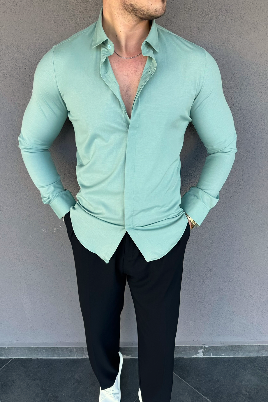 MİNT SLİM-FİT GİZLİ PAT GÖMLEK