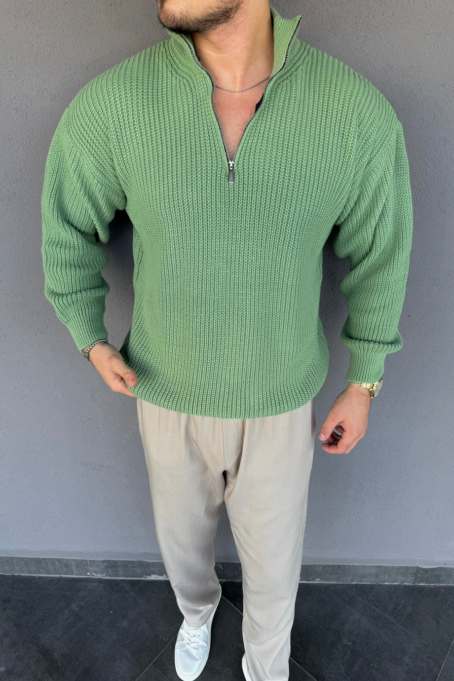 MİNT YARIM FERMUARLI ÖRME İNDİRİMLİ KAZAK