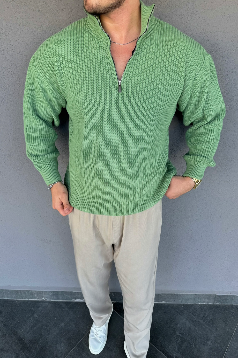 MİNT YARIM FERMUARLI ÖRME İNDİRİMLİ KAZAK