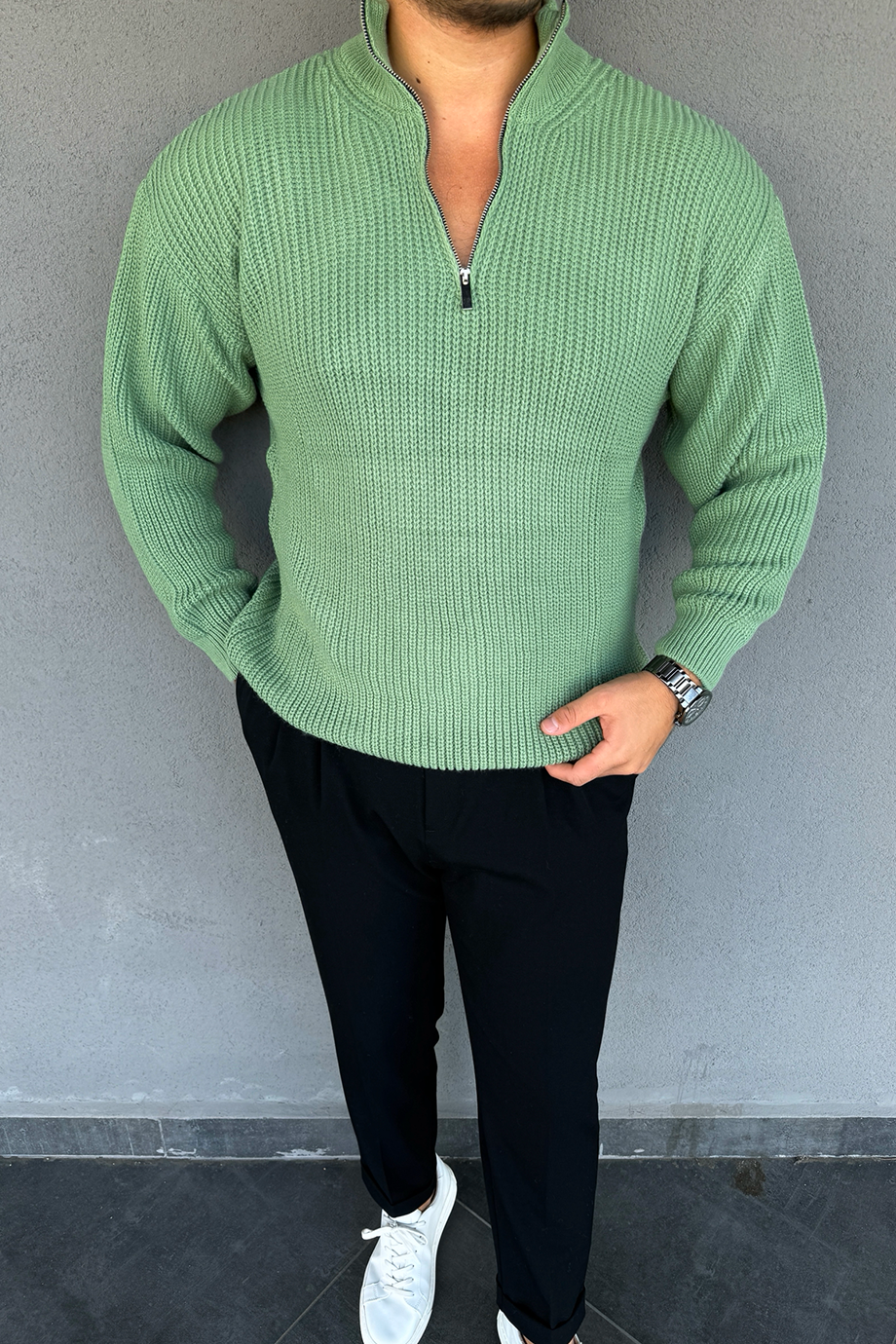 MİNT YARIM FERMUARLI OVERSİZE ÖRME KAZAK