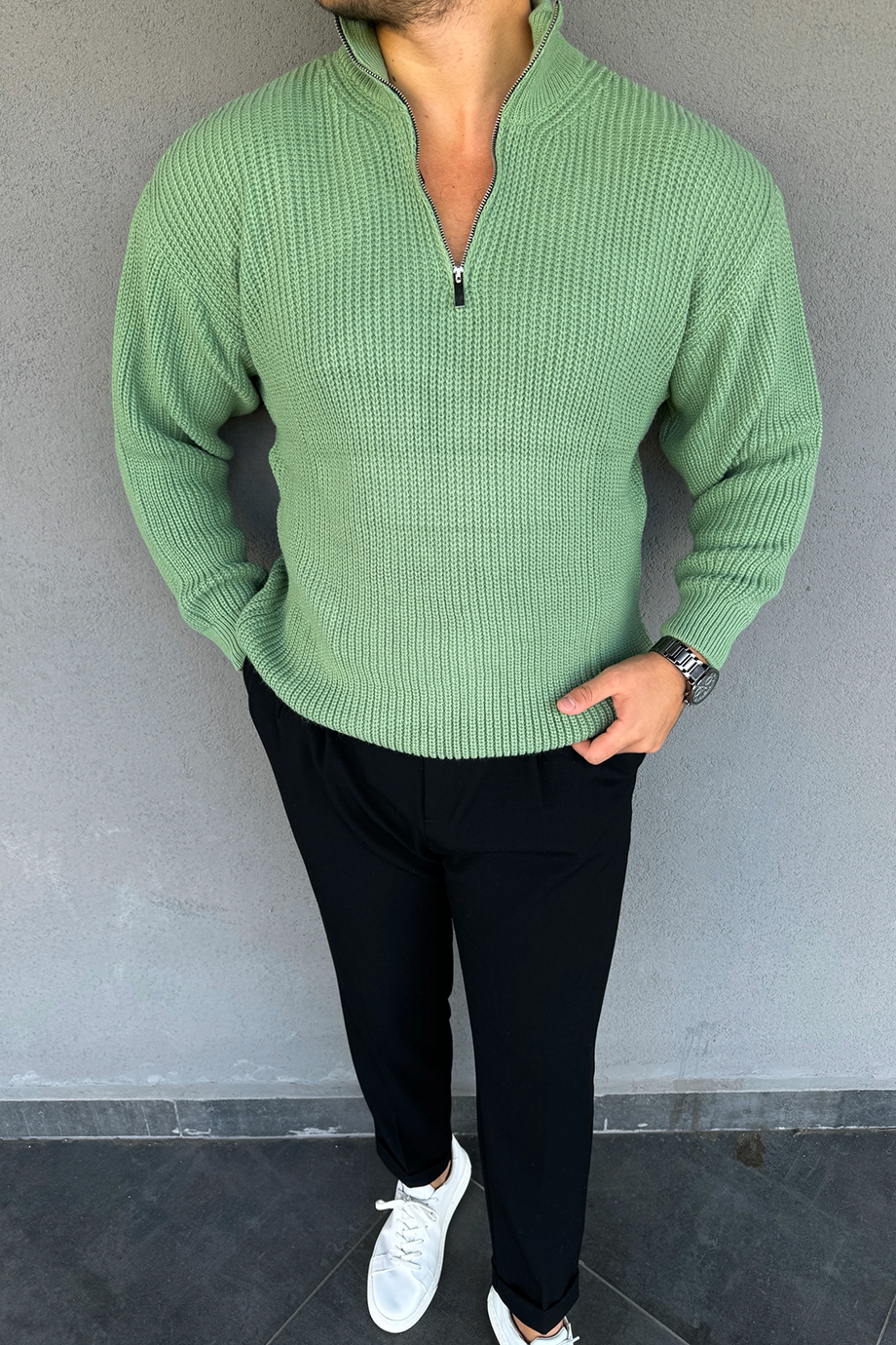 MİNT YARIM FERMUARLI OVERSİZE ÖRME KAZAK