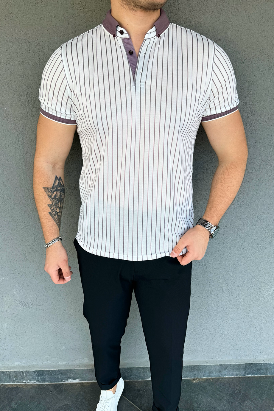 MOR-BEYAZ DİKEY ÇİZGİLİ T-SHİRT