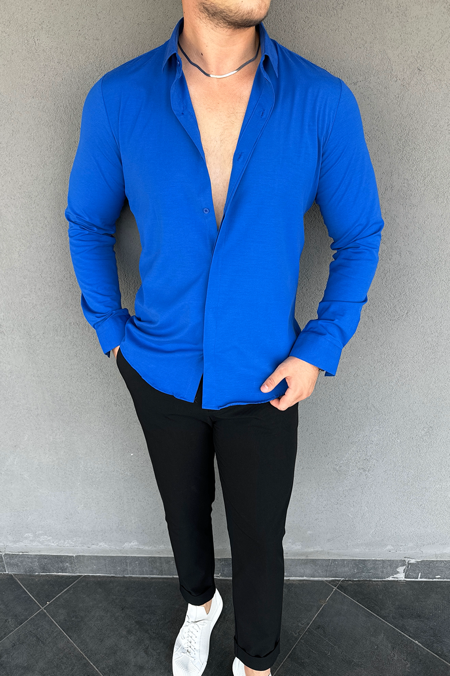 PARLAMENT MAVİSİ  SLİM-FİT GİZLİ PAT DETAYLI GÖMLEK