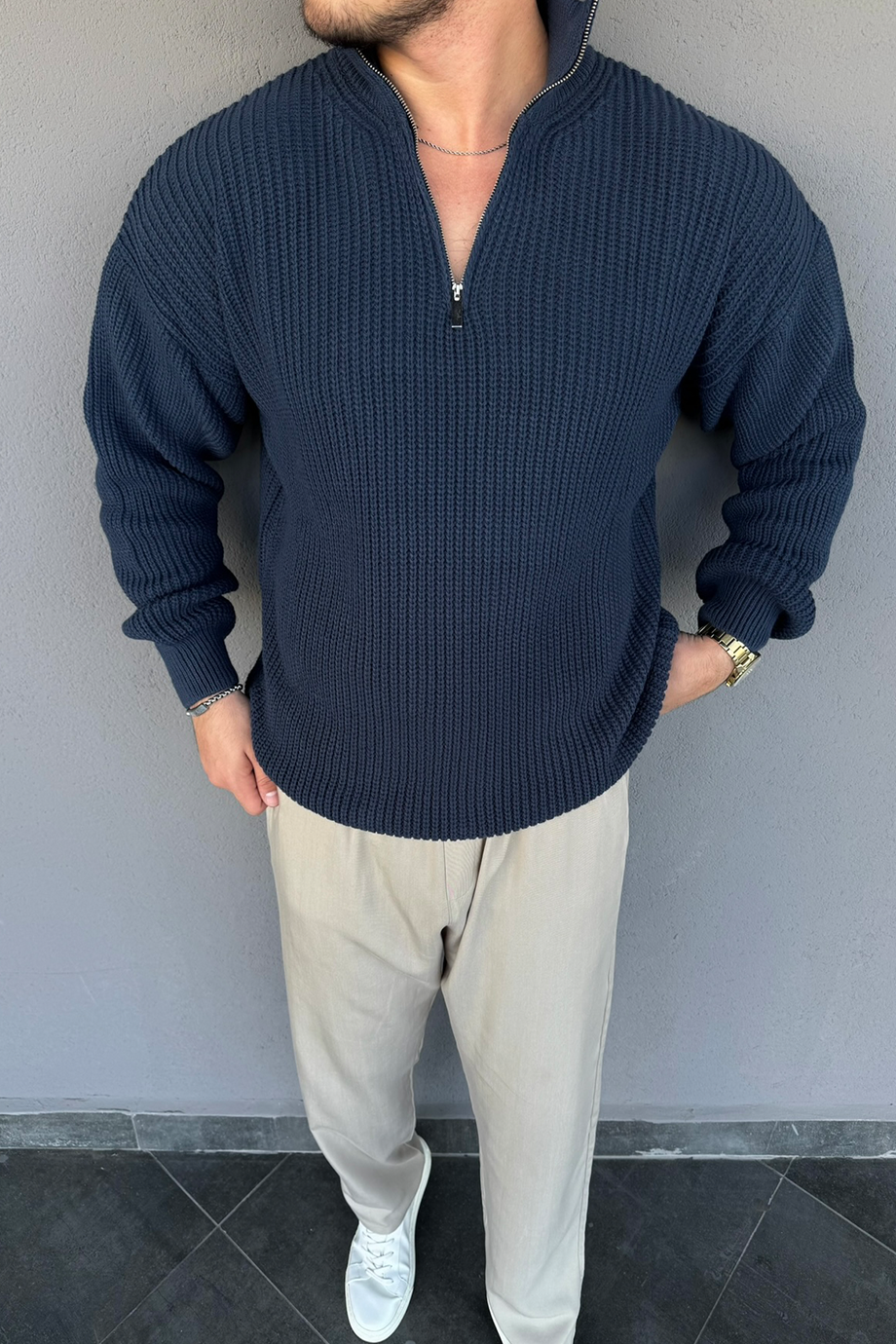 PETROL YARIM FERMUARLI ÖRME İNDİRİMLİ KAZAK