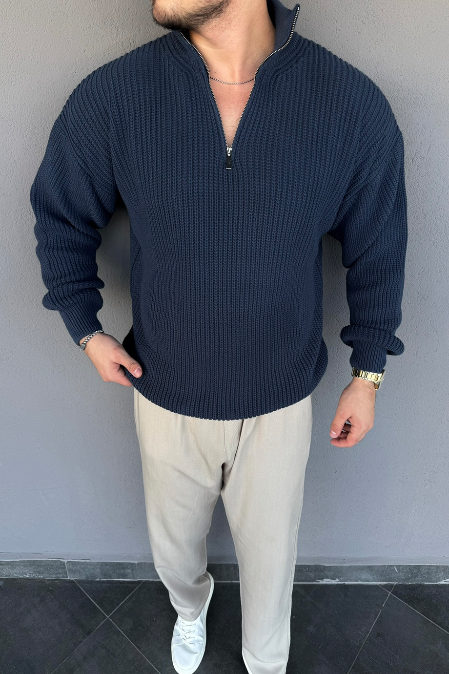 PETROL YARIM FERMUARLI ÖRME İNDİRİMLİ KAZAK