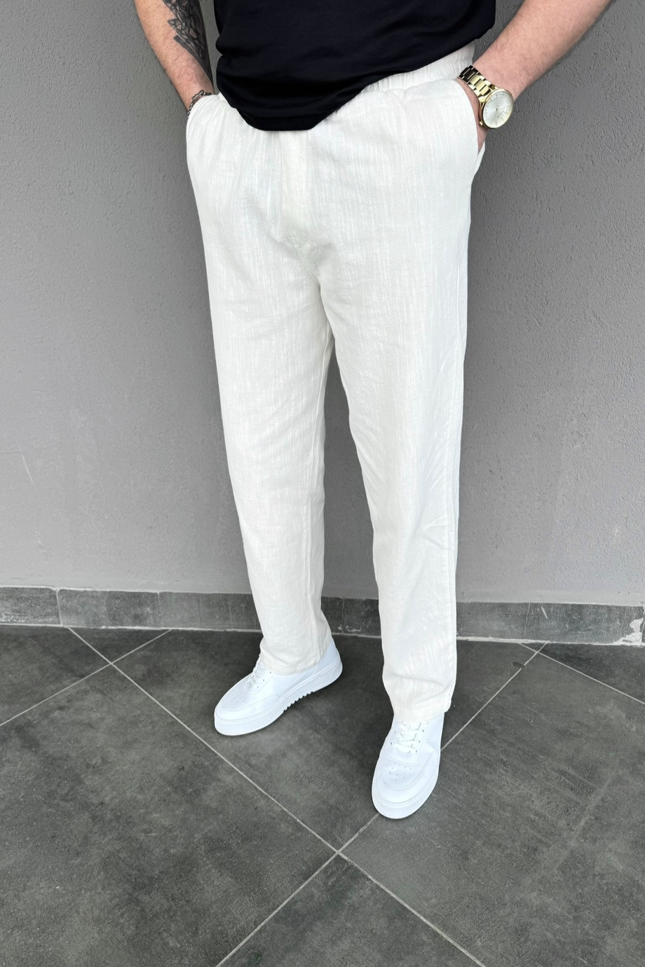 PREMİUM EKRU HAM KETEN BAGGY KALIP PANTALON
