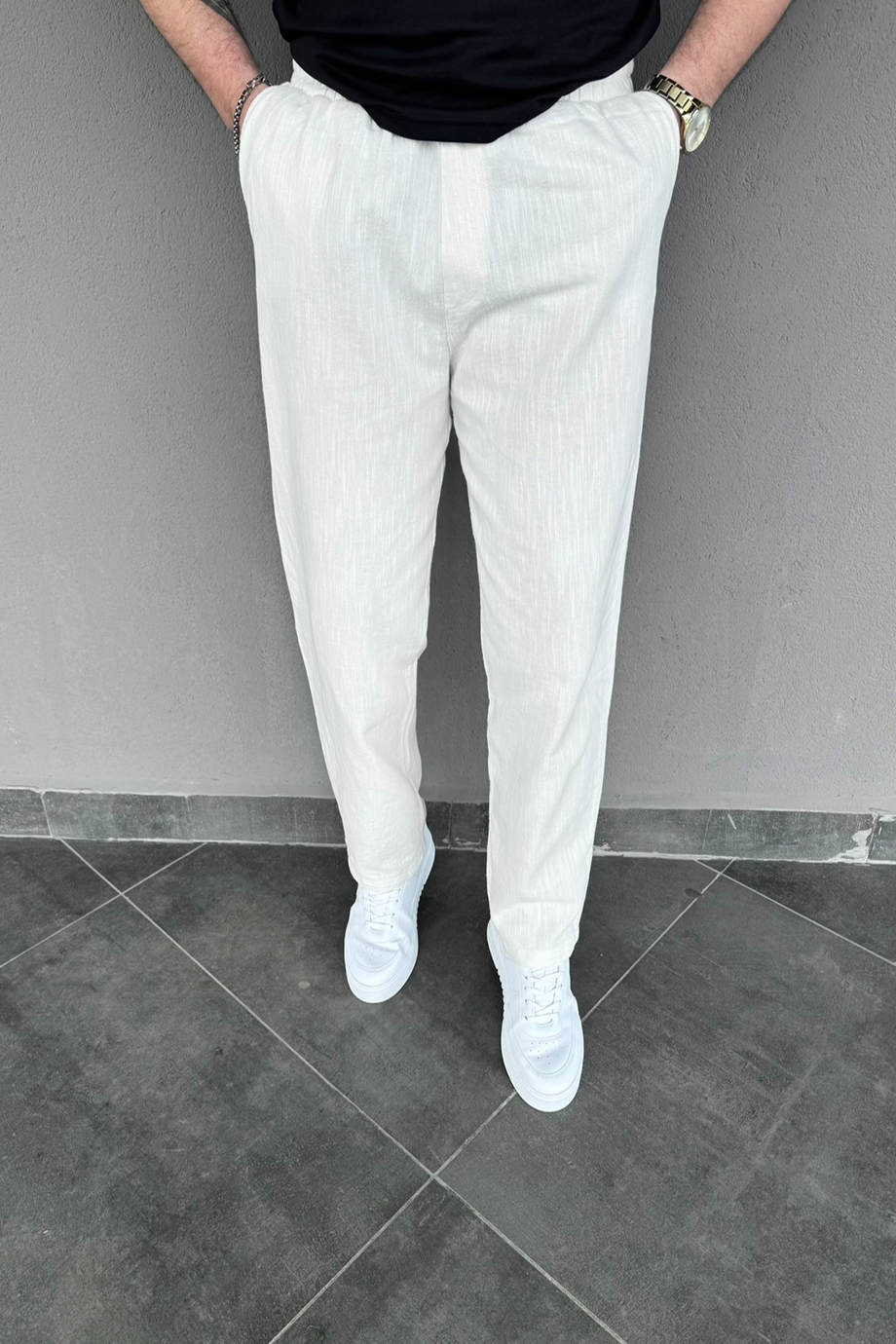 PREMİUM EKRU HAM KETEN BAGGY KALIP PANTALON