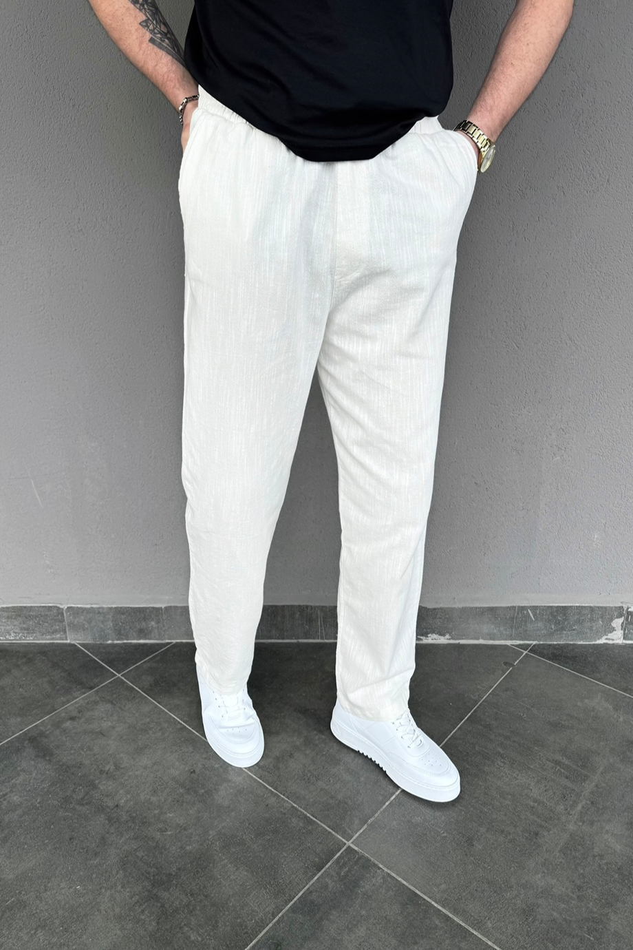 PREMİUM EKRU HAM KETEN BAGGY KALIP PANTALON