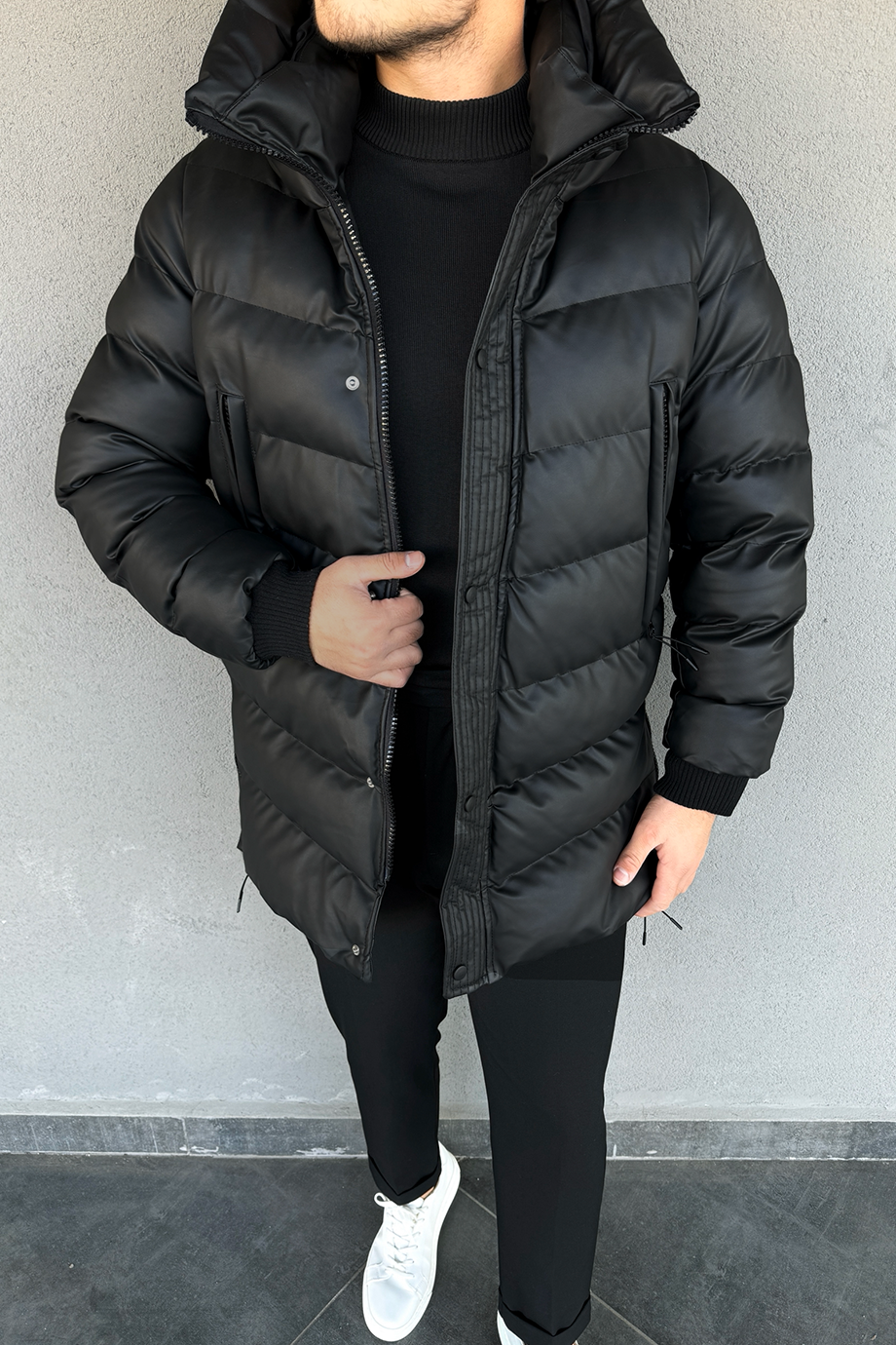 PREMİUM FULL DOLUM ELYAFLI KAPŞONLU ŞİŞME DERİ MONT