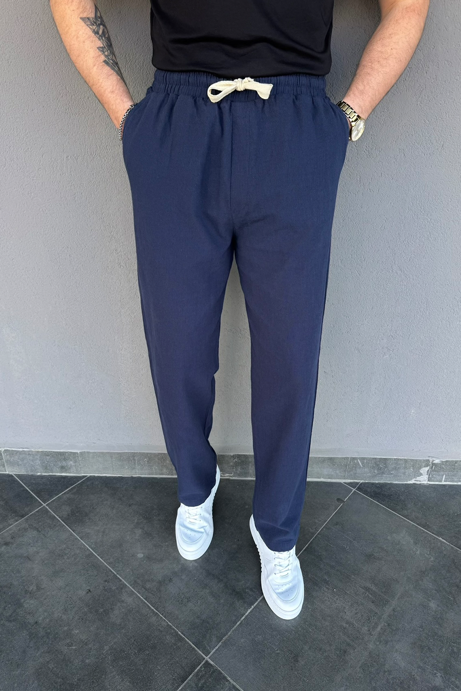 PREMİUM LACİVERT HAM KETEN BAGGY KALIP PANTALON
