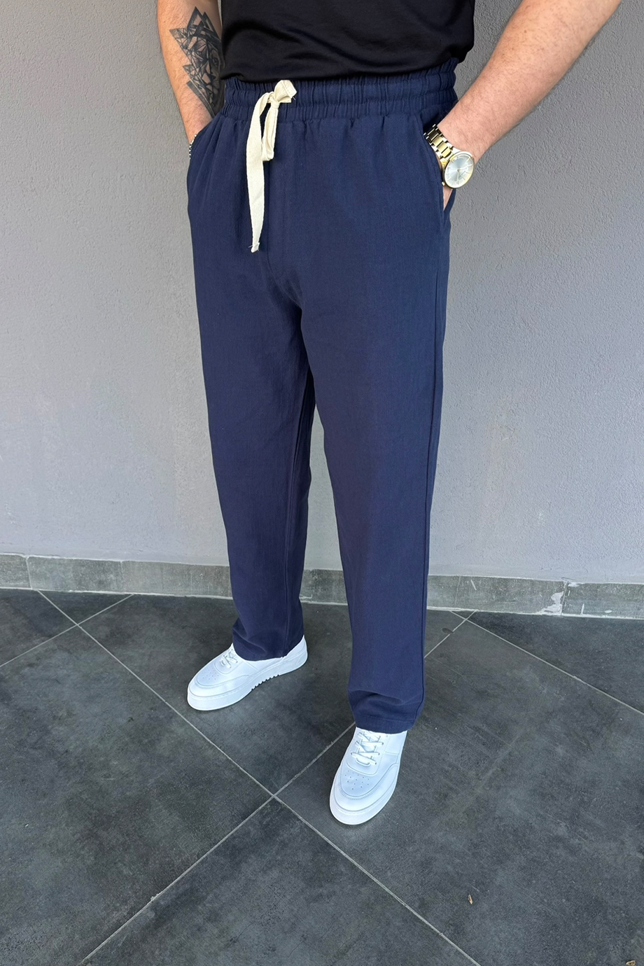 PREMİUM LACİVERT HAM KETEN BAGGY KALIP PANTALON