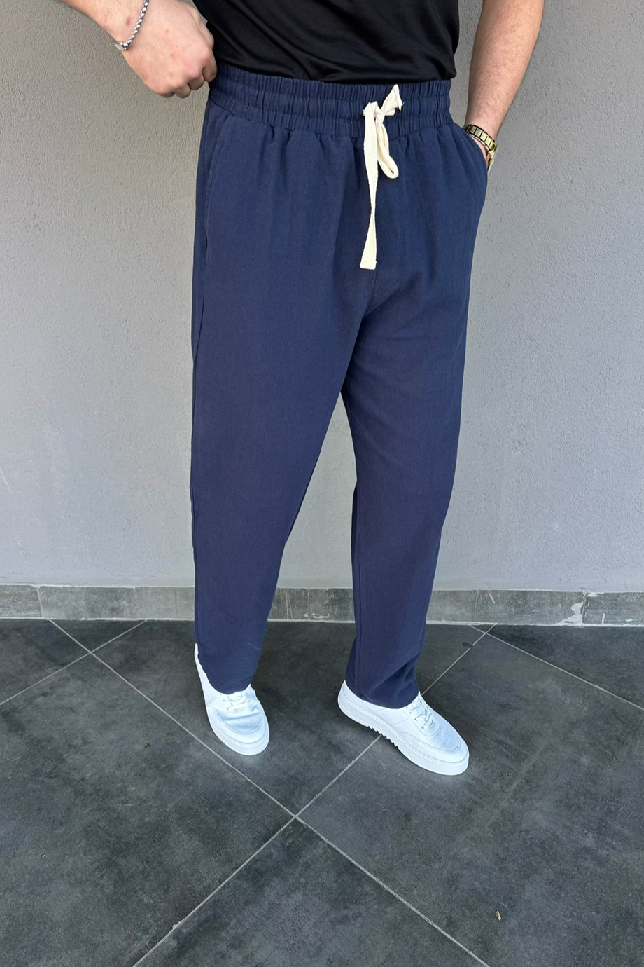 PREMİUM LACİVERT HAM KETEN BAGGY KALIP PANTALON