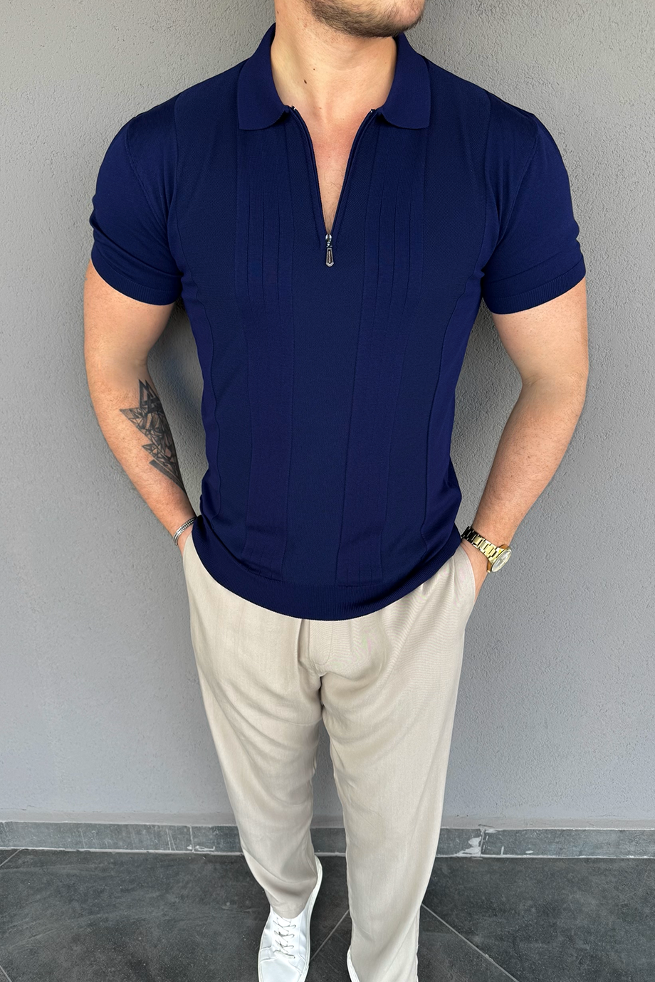 PREMİUM LACİVERT YARIM FERMUARLI DESENLİ TRİKO