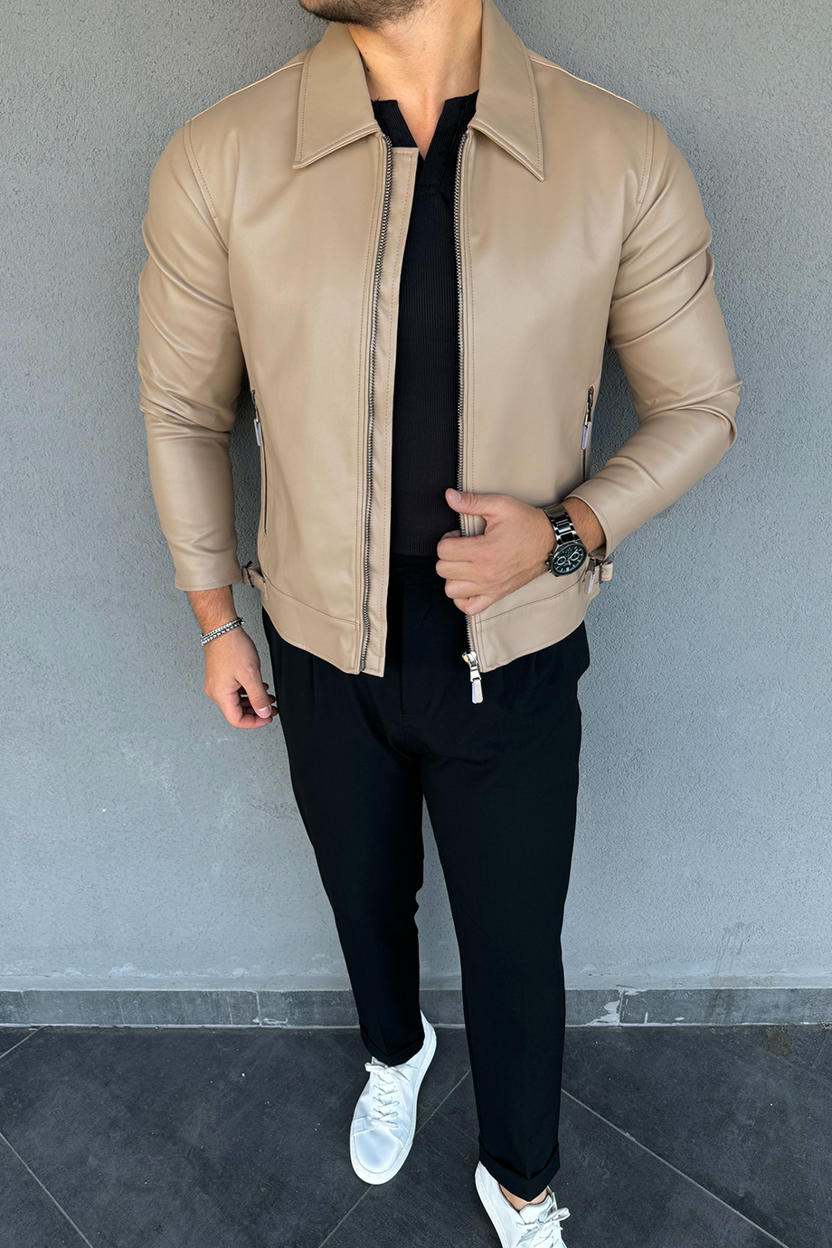 PREMİUM SERİ BEJ ÖZEL TASARIM GENİŞ YAKA DERİ CEKET