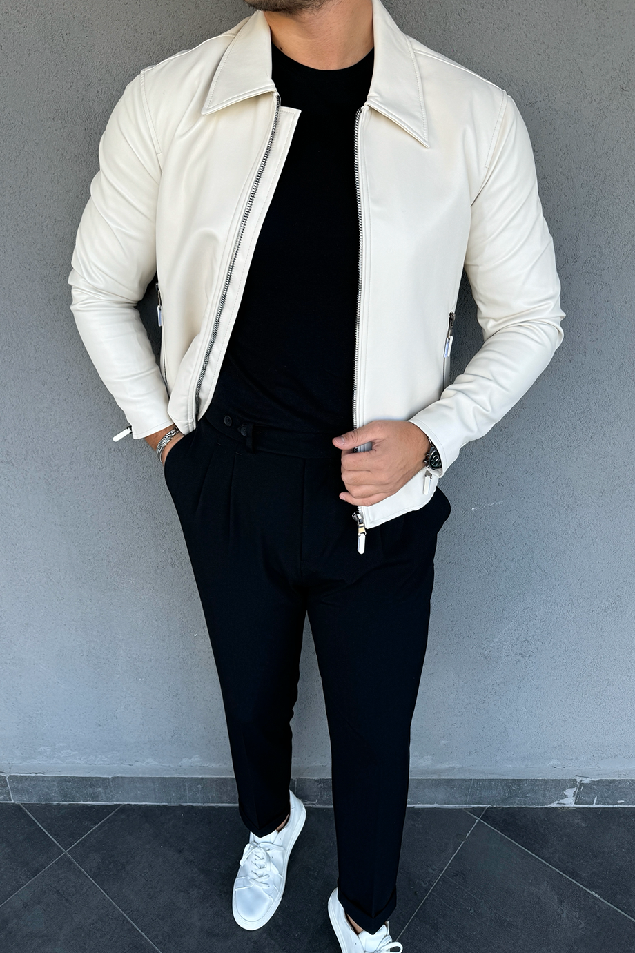 PREMİUM SERİ KIRIK BEYAZ ÖZEL TASARIM GENİŞ YAKA DERİ CEKET