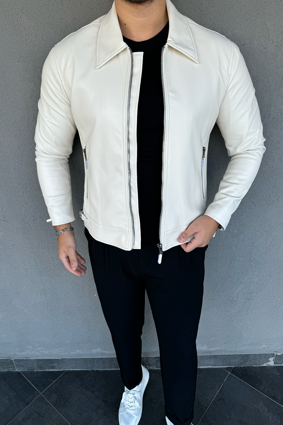 PREMİUM SERİ KIRIK BEYAZ ÖZEL TASARIM GENİŞ YAKA DERİ CEKET