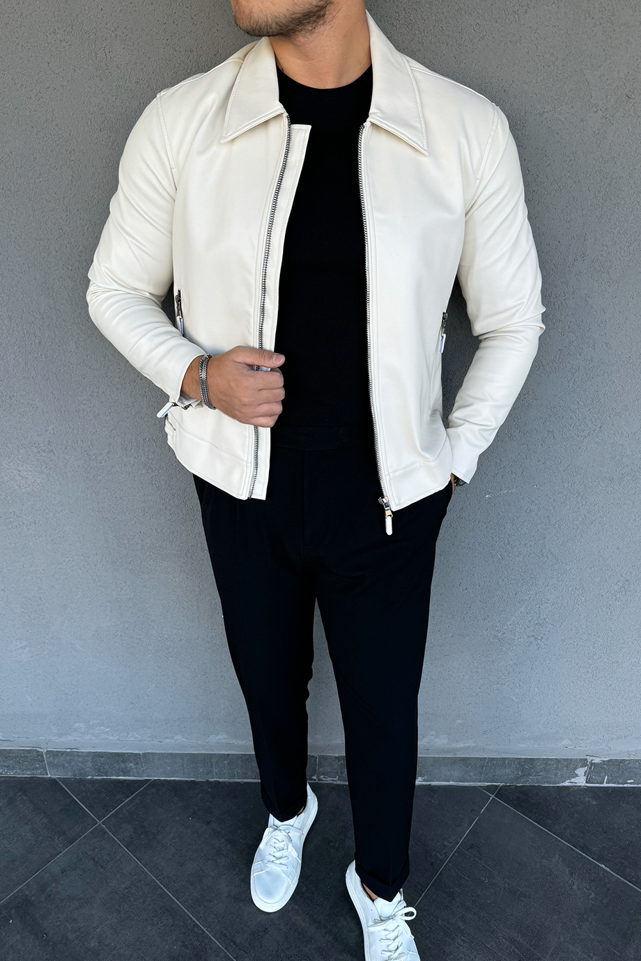 PREMİUM SERİ KIRIK BEYAZ ÖZEL TASARIM GENİŞ YAKA DERİ CEKET