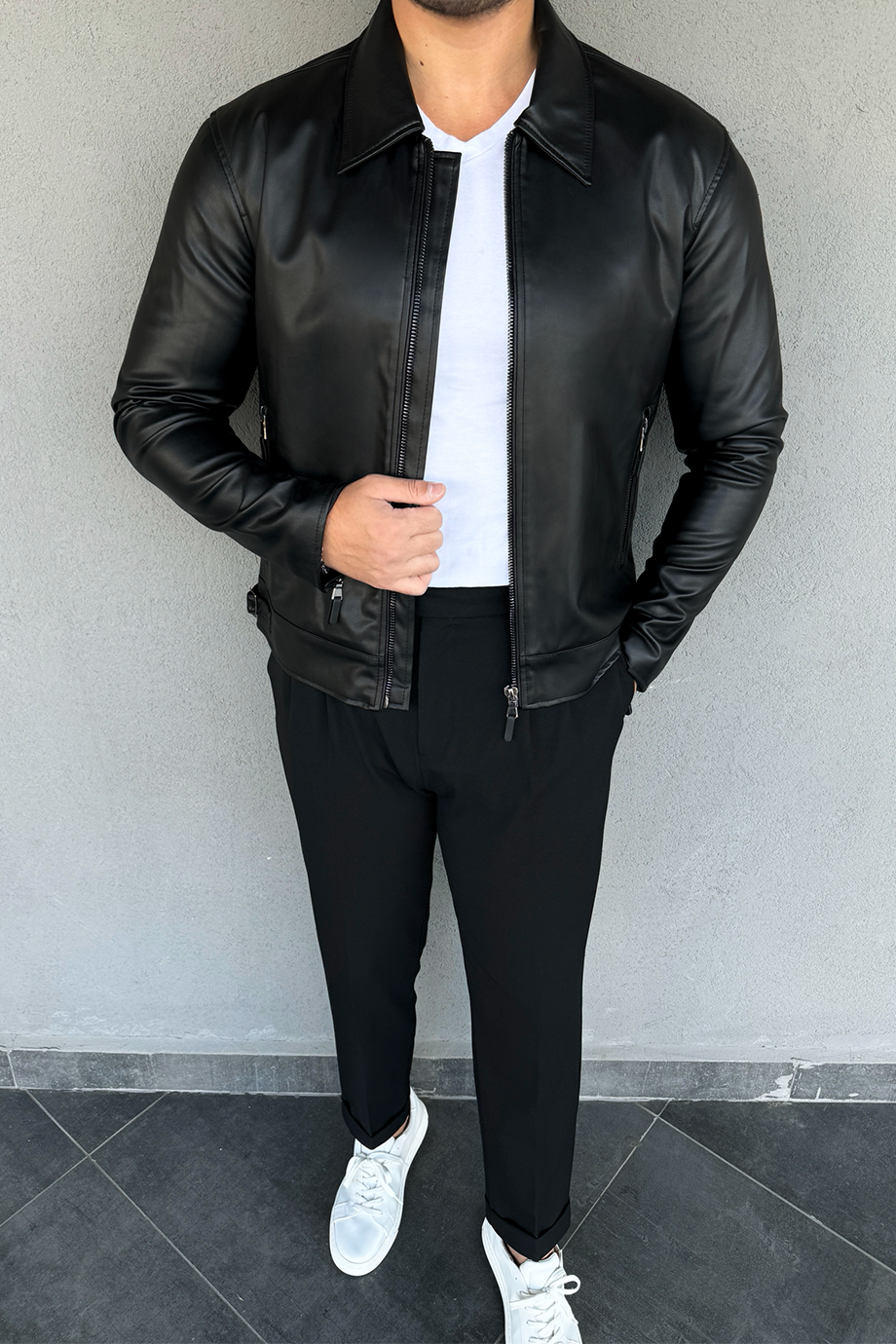 PREMİUM SERİ SİYAH ÖZEL TASARIM GENİŞ YAKA DERİ CEKET