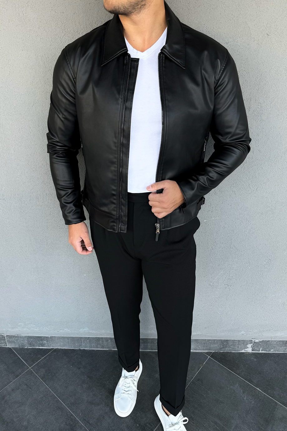 PREMİUM SERİ SİYAH ÖZEL TASARIM GENİŞ YAKA DERİ CEKET