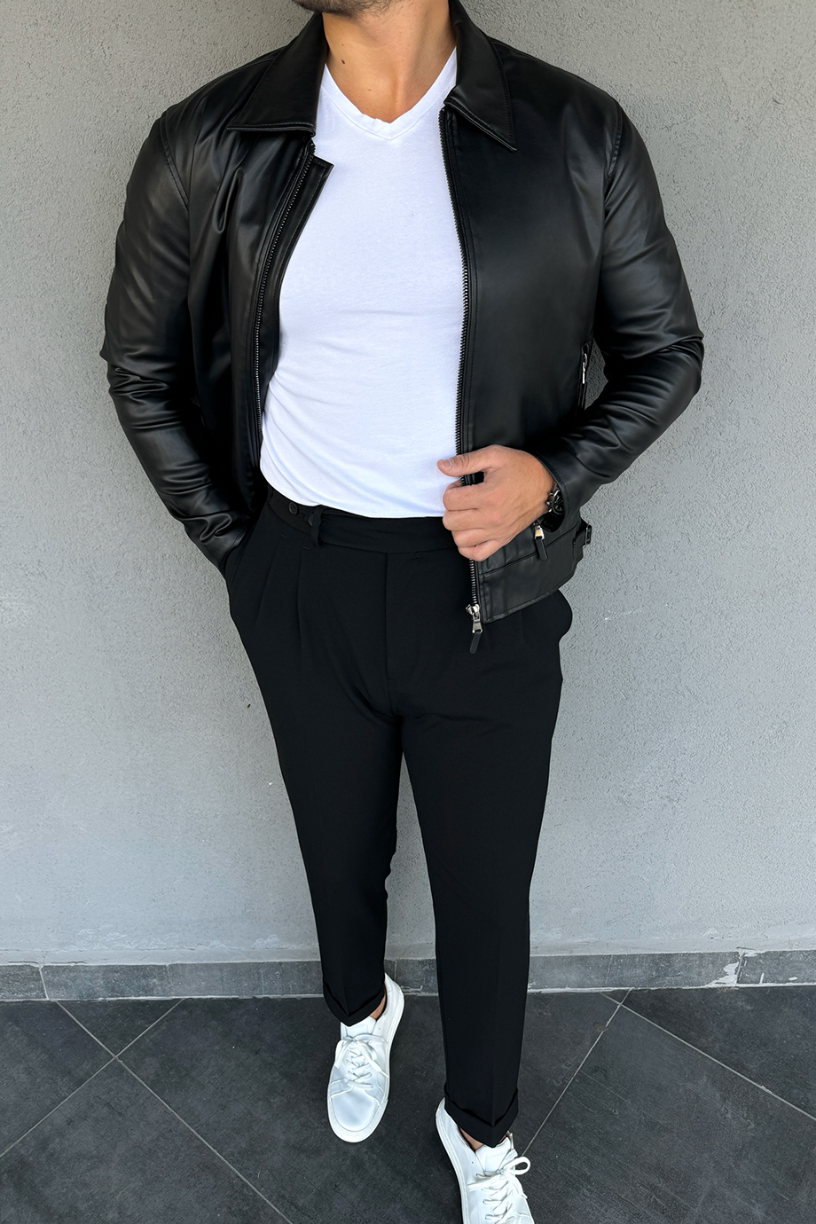 PREMİUM SERİ SİYAH ÖZEL TASARIM GENİŞ YAKA DERİ CEKET