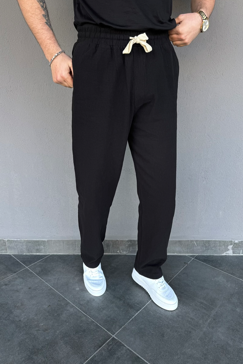 PREMİUM SİYAH HAM KETEN BAGGY KALIP PANTALON