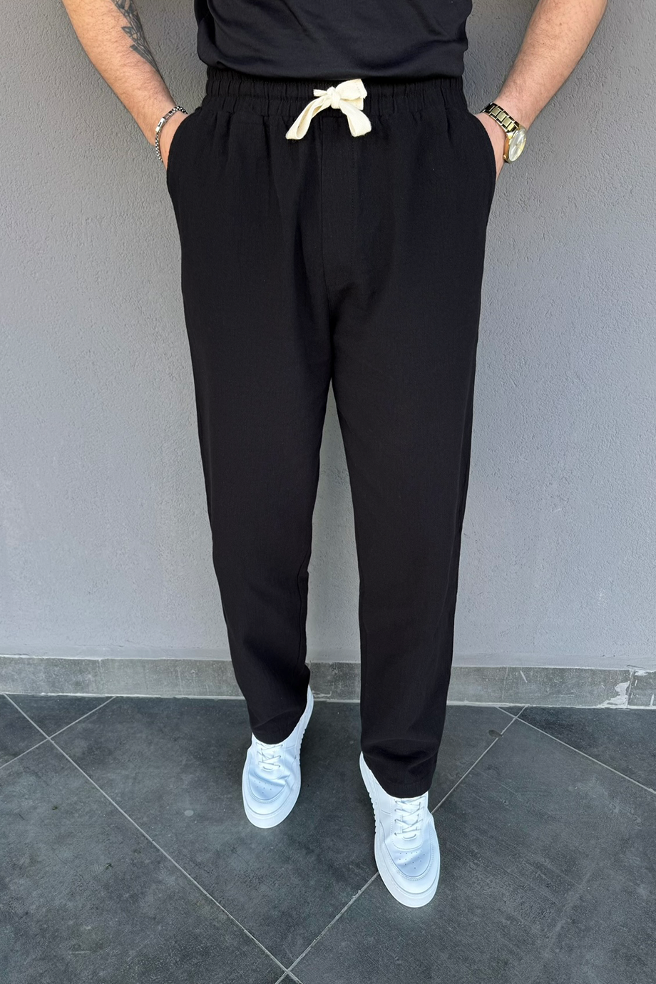 PREMİUM SİYAH HAM KETEN BAGGY KALIP PANTALON