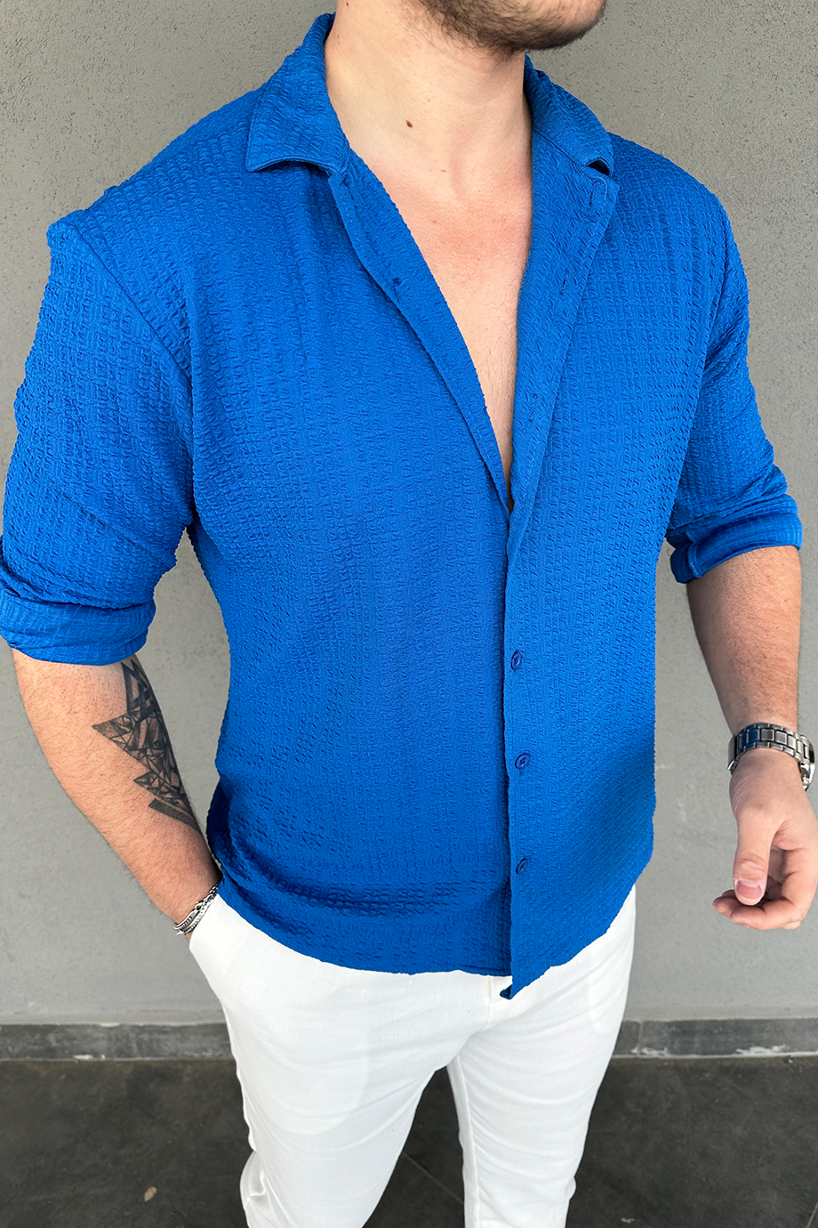 SAKS MAVİSİ DESENLİ GÖMLEK