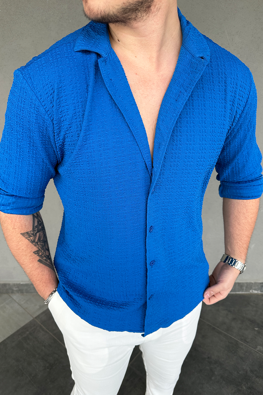 SAKS MAVİSİ DESENLİ GÖMLEK