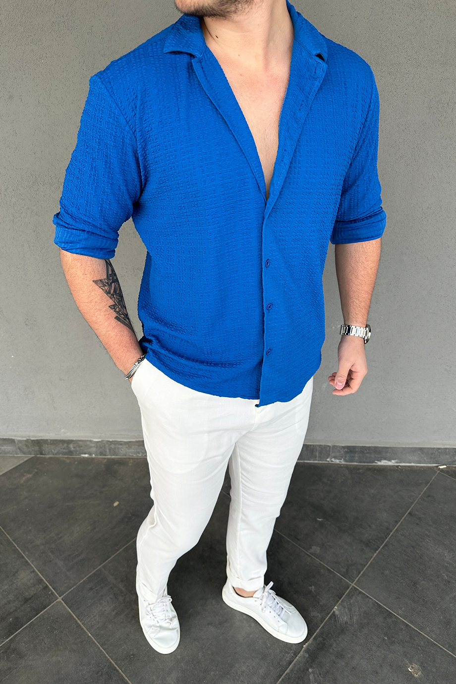 SAKS MAVİSİ DESENLİ GÖMLEK